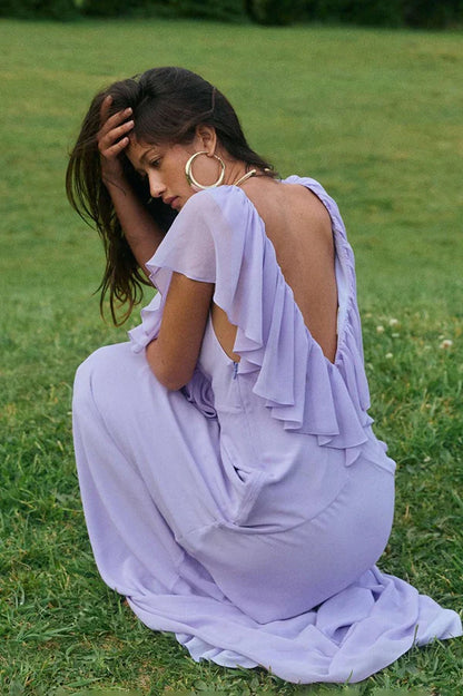 V Neck Lavender Chiffon Ruffled Prom Dress Wedding Guest Dress  J9937