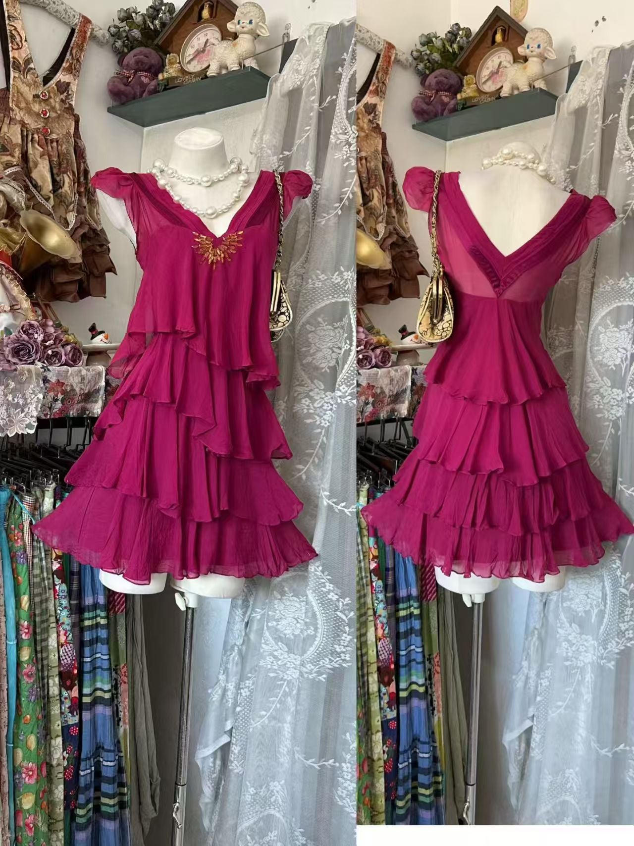 V Neck Layered Short Homecoming Dress Ruffled Party Dress  J11007