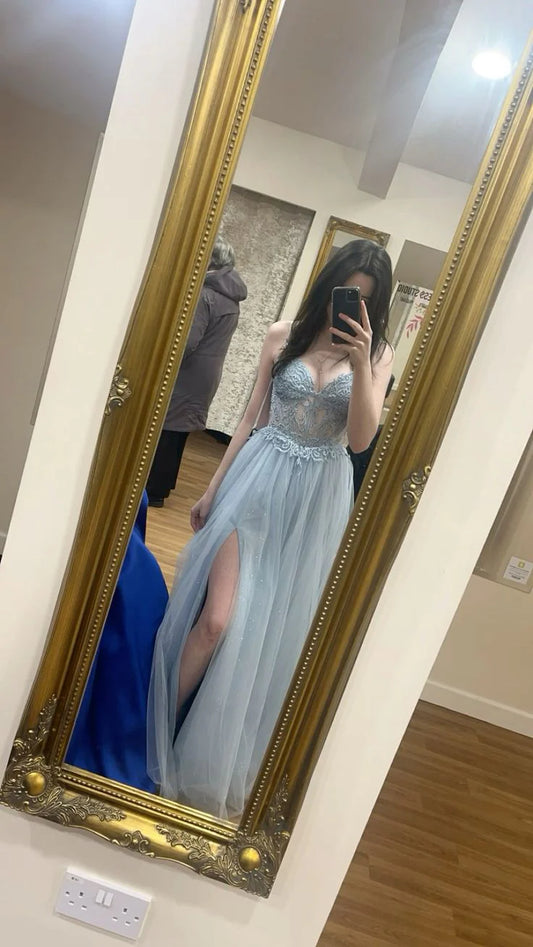 V Neck Light Blue Tulle A Line Prom Dress With Slit J10198