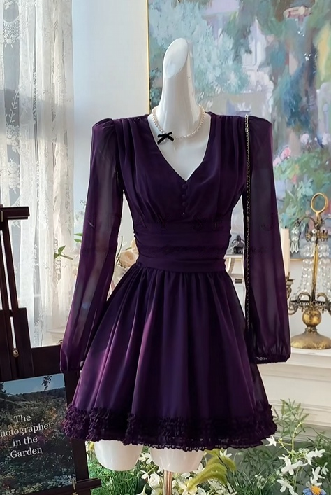 V Neck Long Sleeves Dark Purple Short Homecoming Dress  J10972
