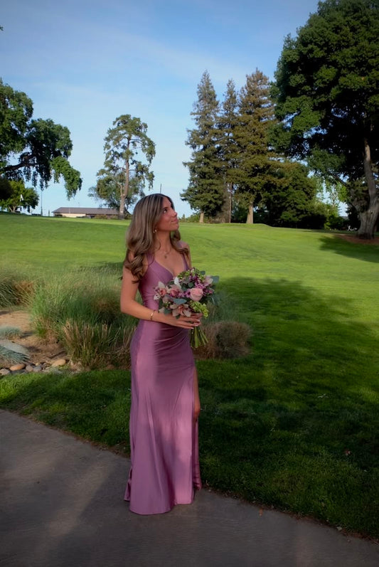 V Neck Mermaid Satin Prom Dress With Slit Formal Evening Gown  J11119