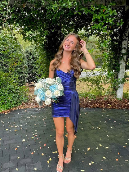 V Neck Navy Blue Homecoming Dress Pleated Cocktail Dress  J11608