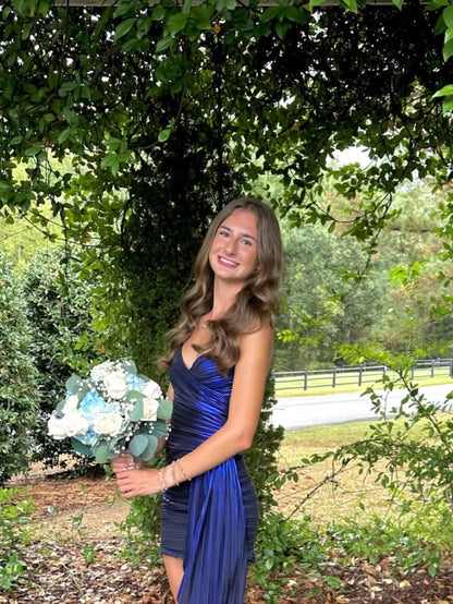 V Neck Navy Blue Homecoming Dress Pleated Cocktail Dress  J11608