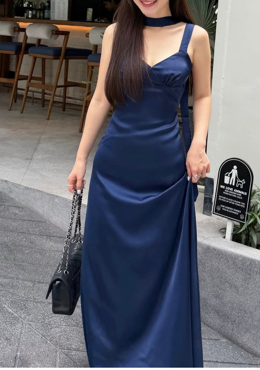 V Neck Navy Blue Satin Prom Dress Backless Wedding Guest Dress J9869