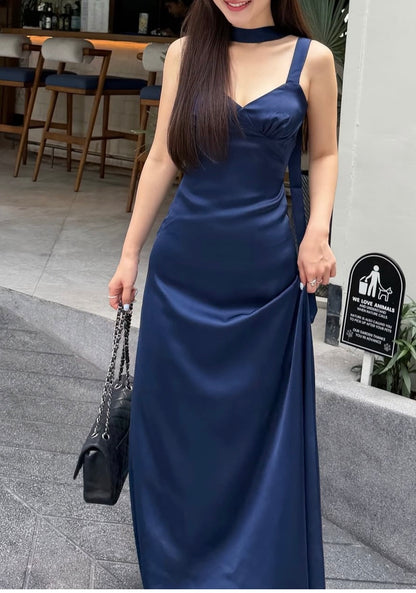 V Neck Navy Blue Satin Prom Dress Backless Wedding Guest Dress J9869