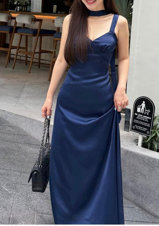 V Neck Navy Blue Satin Prom Dress Backless Wedding Guest Dress J9869