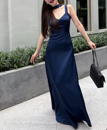 V Neck Navy Blue Satin Prom Dress Backless Wedding Guest Dress J9869