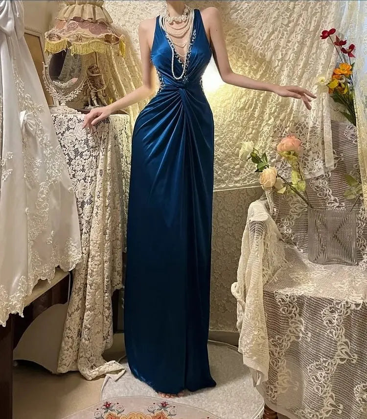 V Neck Navy Blue Satin Prom Dress Formal Evening Dress  J10066