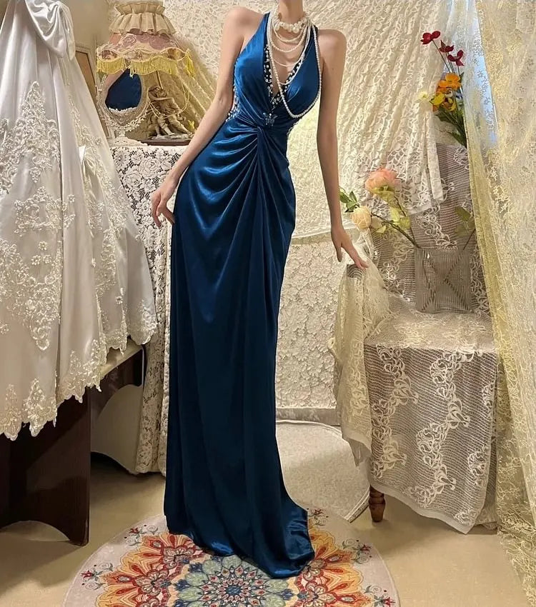 V Neck Navy Blue Satin Prom Dress Formal Evening Dress  J10066