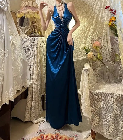 V Neck Navy Blue Satin Prom Dress Formal Evening Dress  J10066