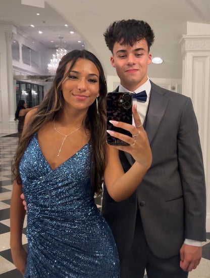V Neck Navy Blue Sequin Mermaid Long Dress With Slit  J12187