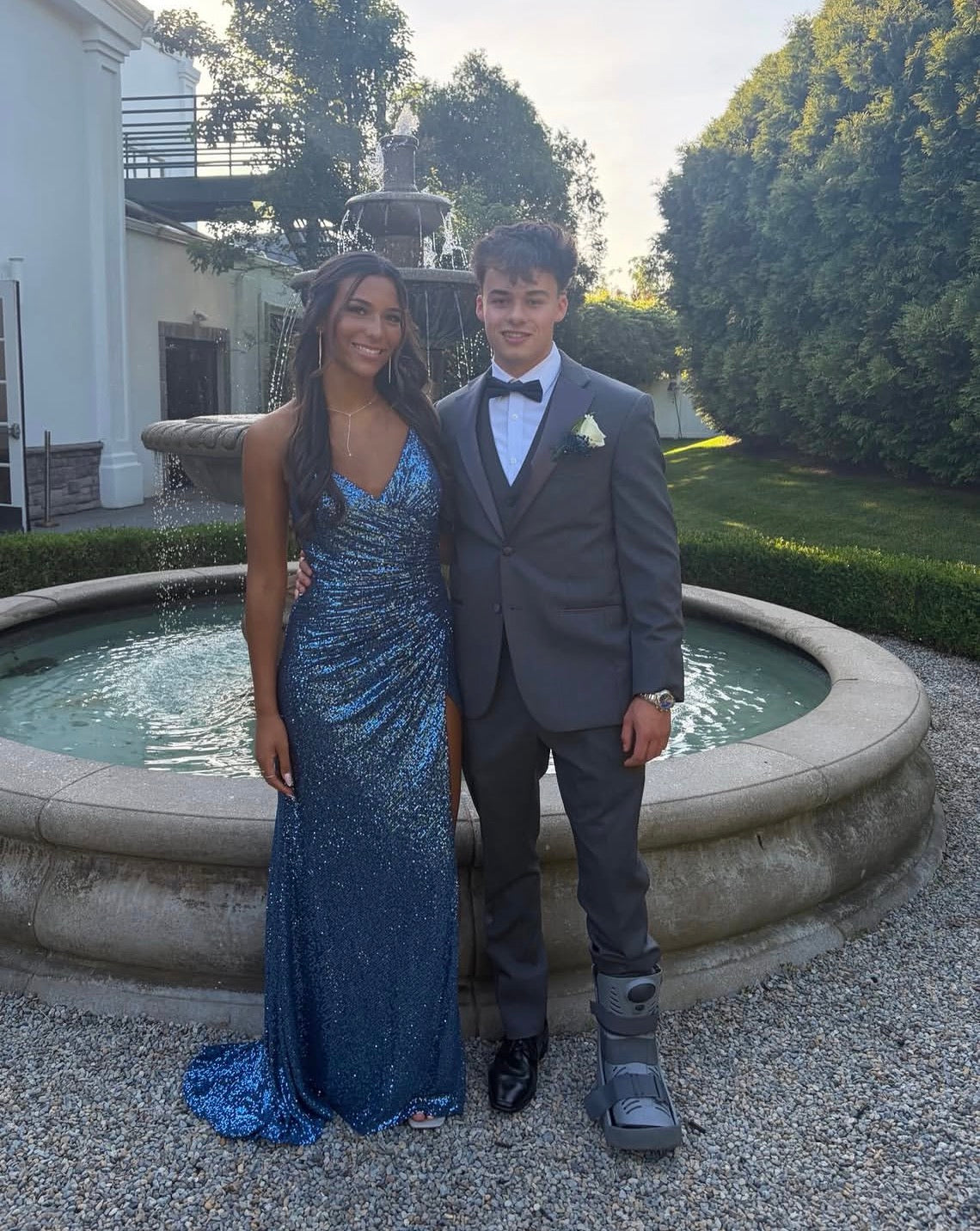 V Neck Navy Blue Sequin Mermaid Long Dress With Slit  J12187