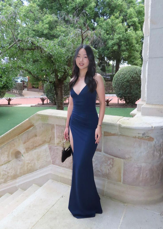 V Neck Navy Blue Sheath Formal Prom Dress With Slit  J11187