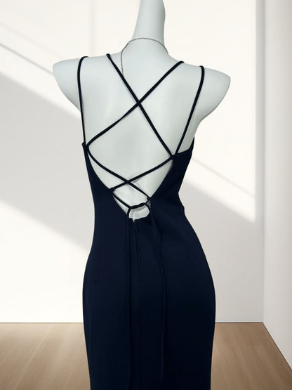 V Neck Navy Blue Sheath Prom Dress With Slit Sexy Evening Dress  J10310