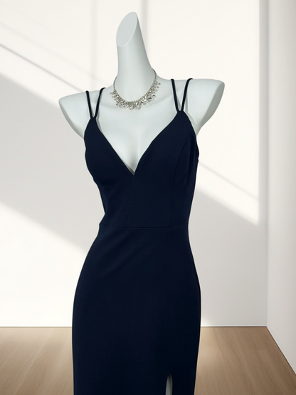 V Neck Navy Blue Sheath Prom Dress With Slit Sexy Evening Dress  J10310