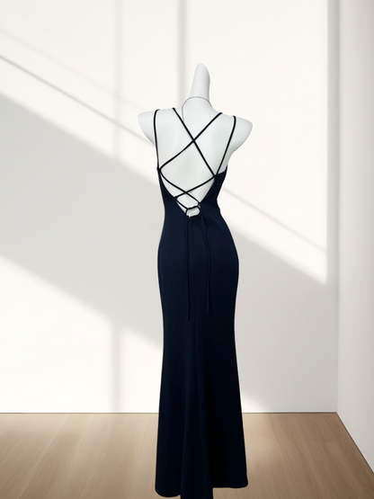 V Neck Navy Blue Sheath Prom Dress With Slit Sexy Evening Dress  J10310