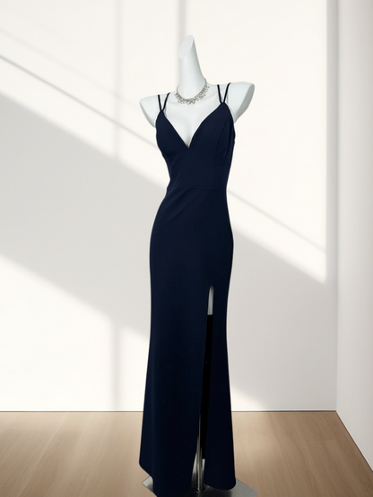 V Neck Navy Blue Sheath Prom Dress With Slit Sexy Evening Dress  J10310