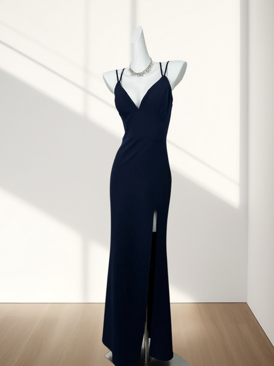 V Neck Navy Blue Sheath Prom Dress With Slit Sexy Evening Dress  J10310