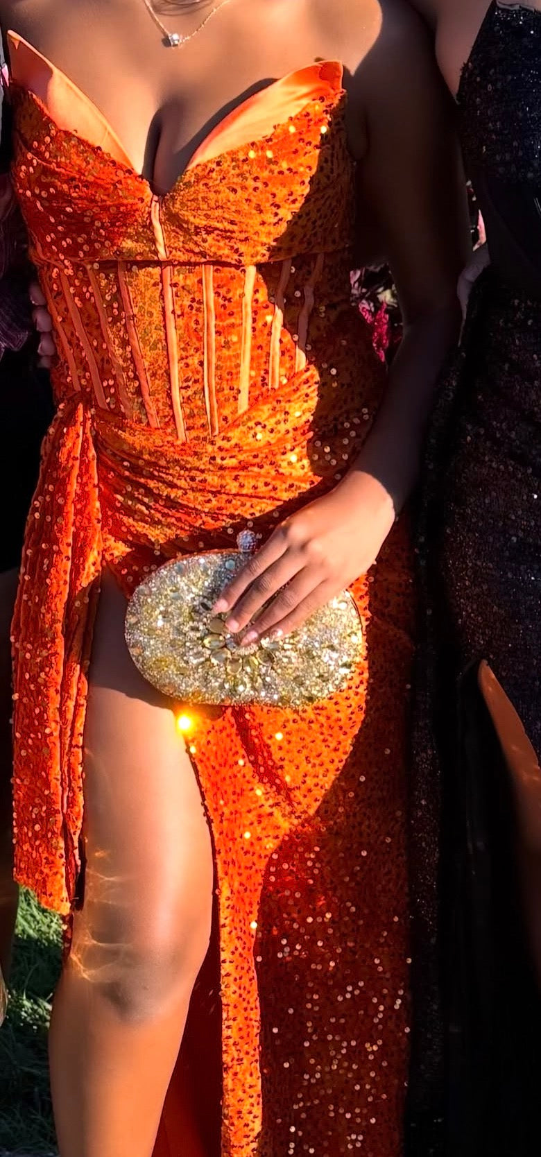 V Neck Orange Sequins Mermaid Prom Dress With Slit  J12167