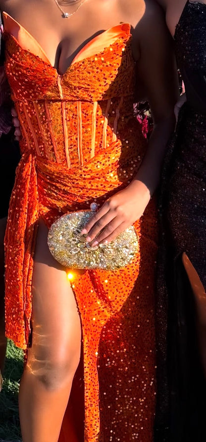 V Neck Orange Sequins Mermaid Prom Dress With Slit  J12167