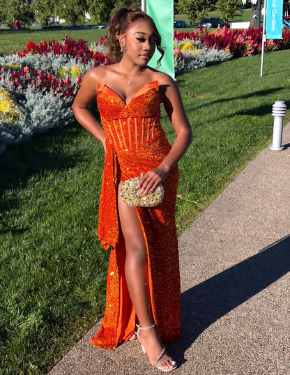 V Neck Orange Sequins Mermaid Prom Dress With Slit  J12167