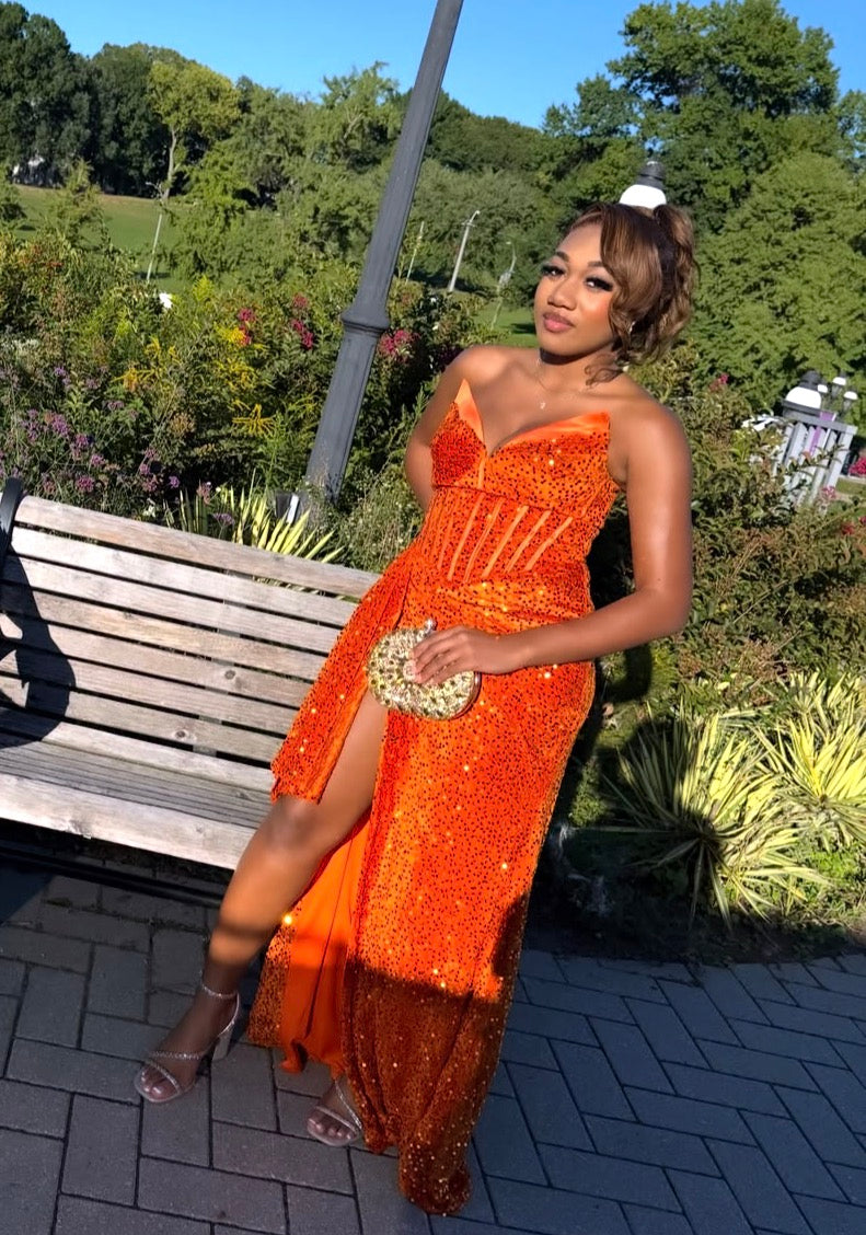 V Neck Orange Sequins Mermaid Prom Dress With Slit  J12167