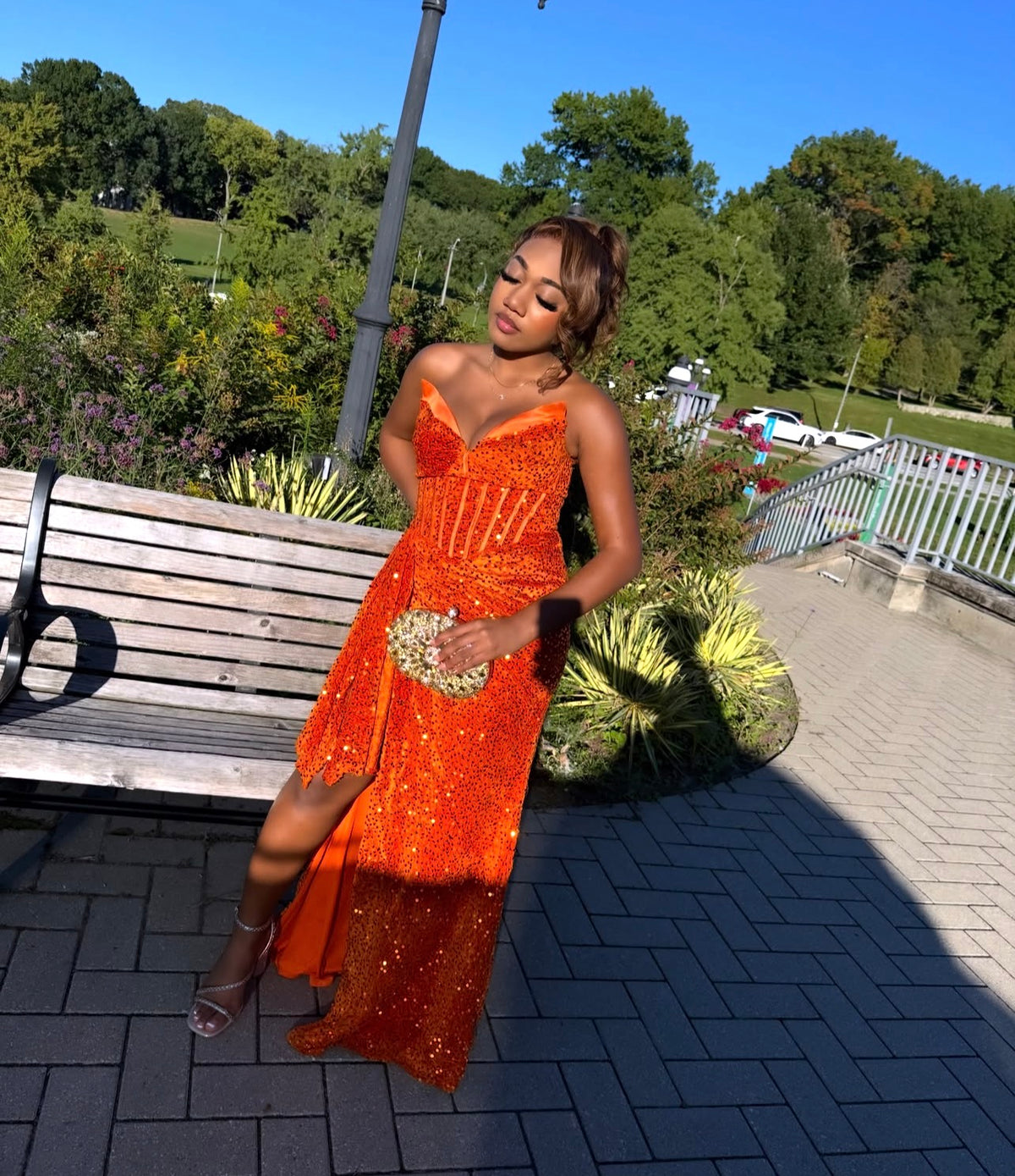 V Neck Orange Sequins Mermaid Prom Dress With Slit  J12167