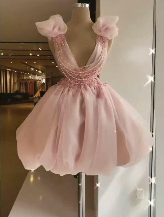 V Neck Pink Chiffon Birthday Outfit Short Homecoming Dress  J11501