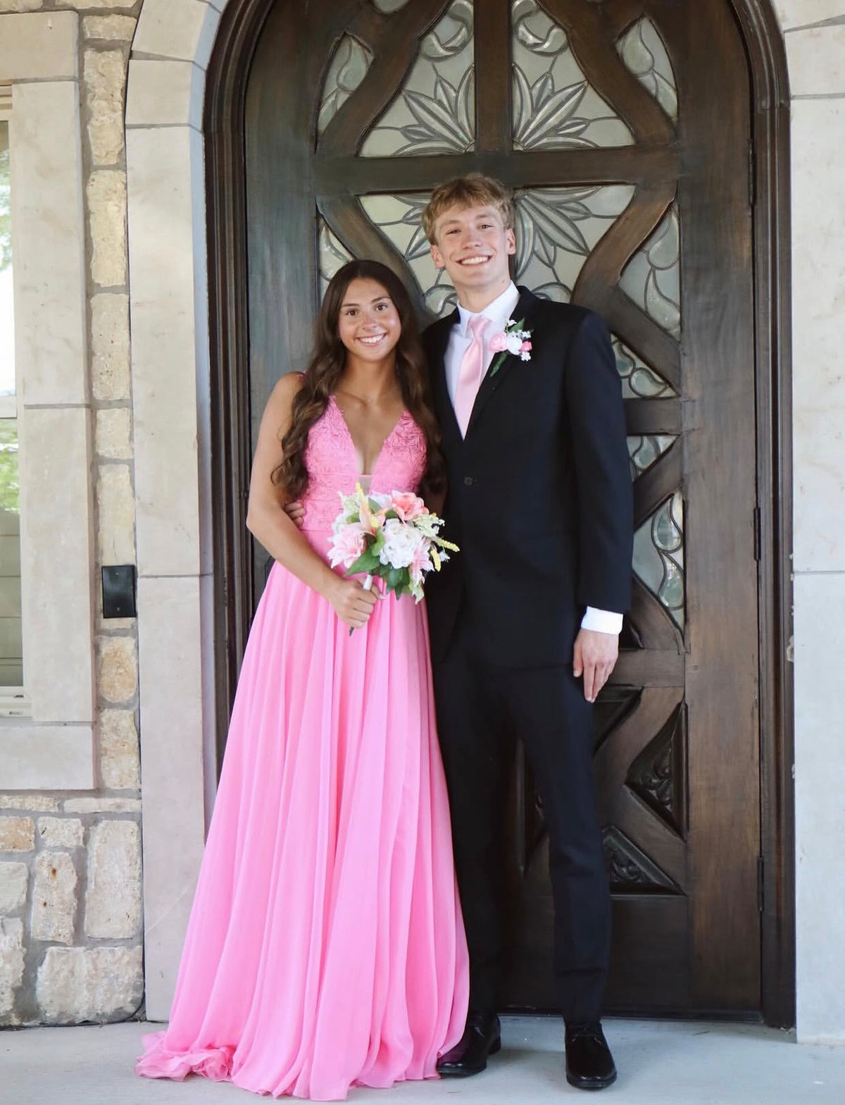 V Neck Pink Chiffon Prom Dress Wedding Guest Dress With Appliques  J12180