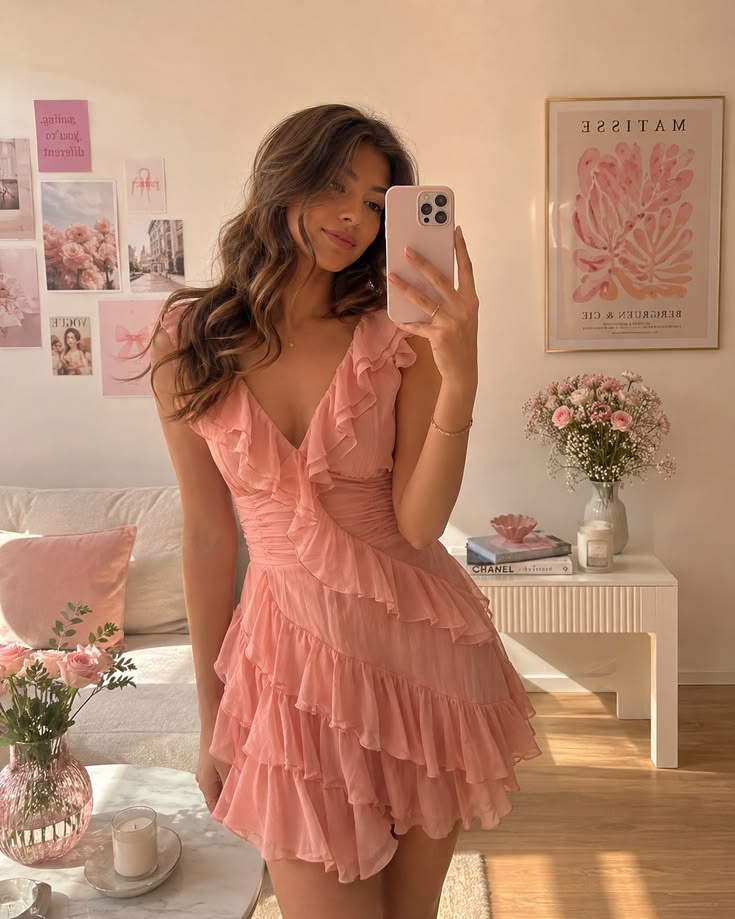 V Neck Pink Ruffled Short Homecoming Dress Chiffon Short Dress   J11384