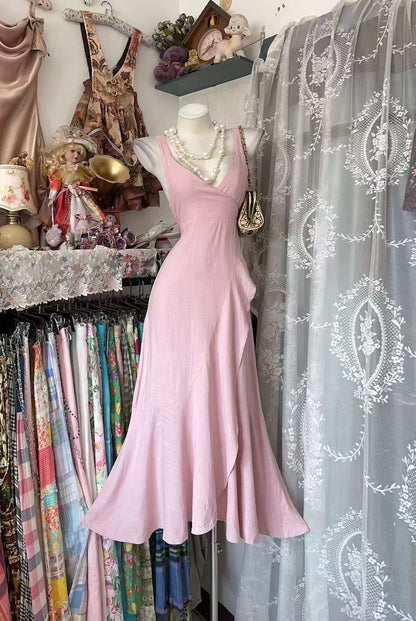 V Neck Pink Ruffled Wedding Guest Dress A Line Evening Dress J11856