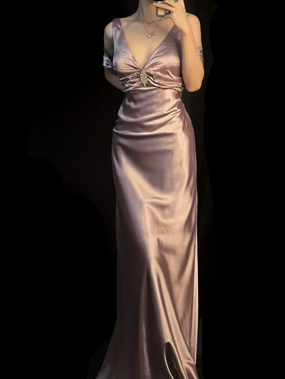 V Neck Pink Sheath Prom Dress Satin Evening Dress  J10127