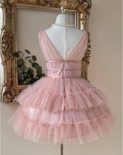 V Neck Pink Tulle Homecoming Dress Short Party Dress  J11366