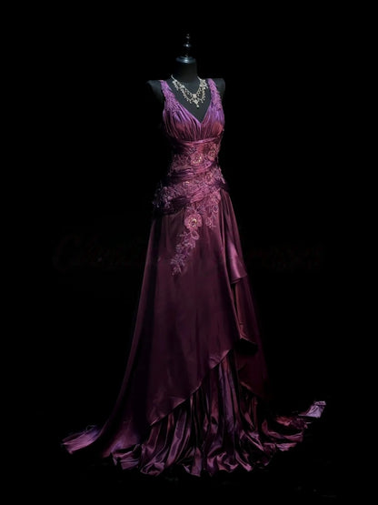 V Neck Purple Formal Prom Dress With Appliques Retro Evening Dress  J10169