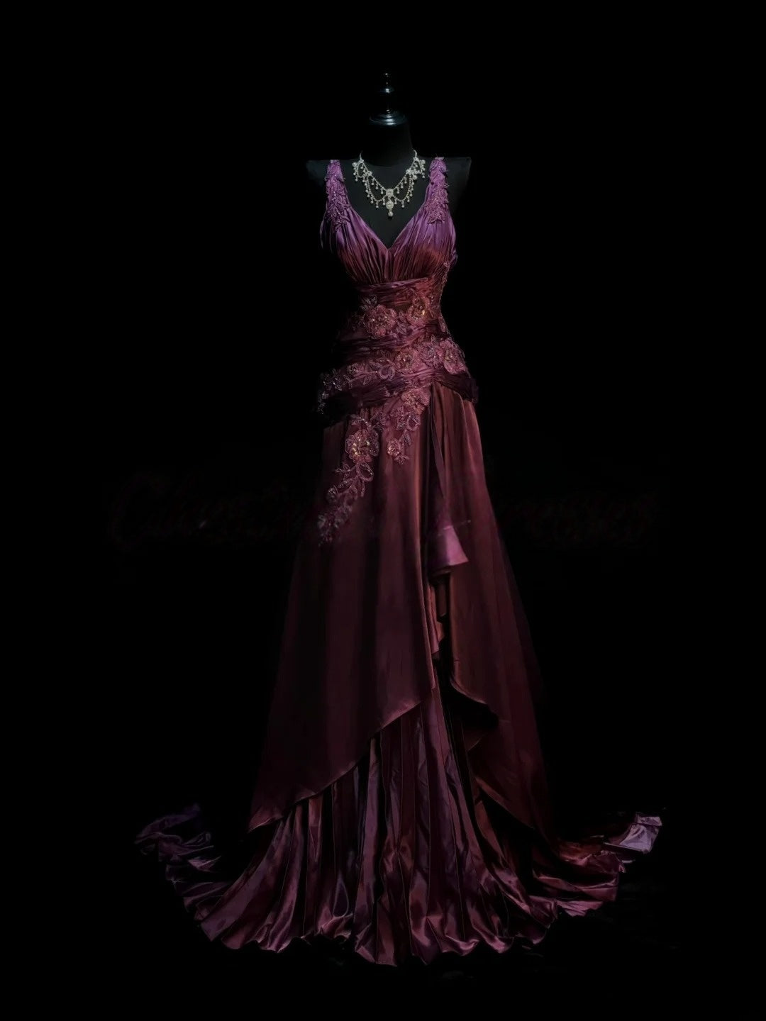V Neck Purple Formal Prom Dress With Appliques Retro Evening Dress  J10169