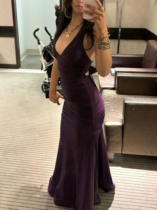 V Neck Purple Mermaid Satin Prom Dress Formal Evening Gown J10071