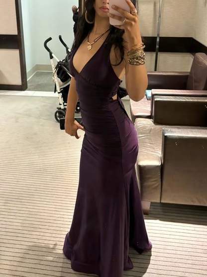V Neck Purple Mermaid Satin Prom Dress Formal Evening Gown J10071