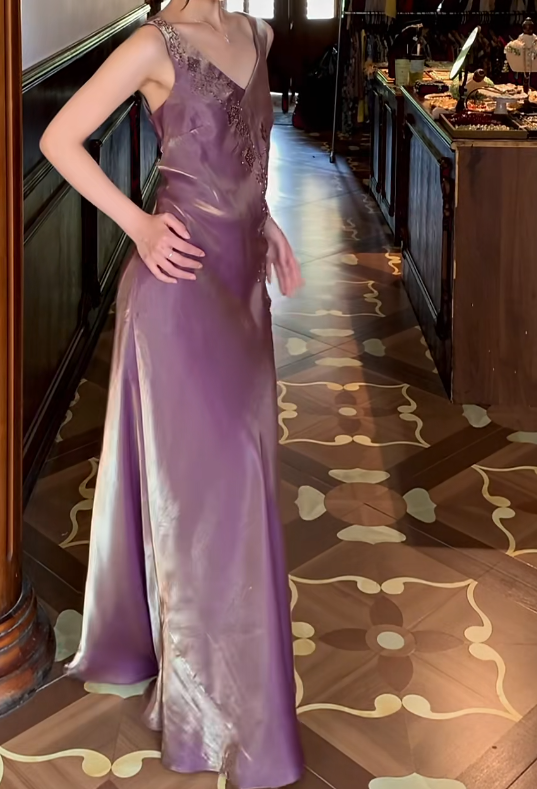 Robe de bal bustier violette en satin avec appliques, robe de soirée formelle J9413