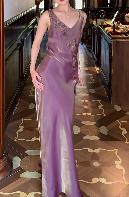 Robe de bal bustier violette en satin avec appliques, robe de soirée formelle J9413