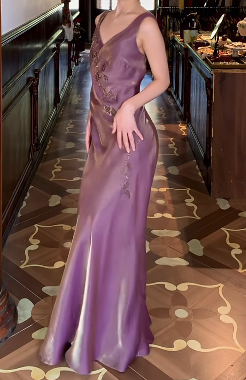 Robe de bal bustier violette en satin avec appliques, robe de soirée formelle J9413
