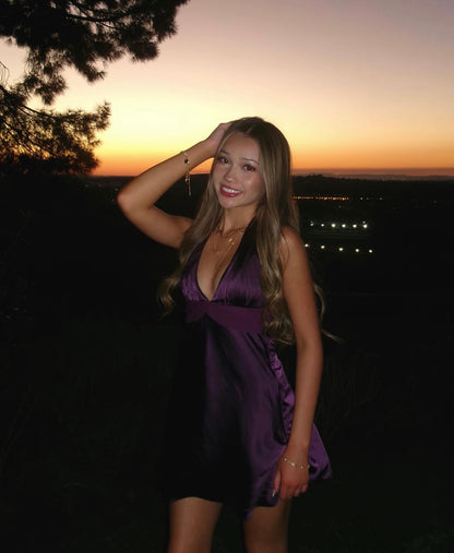 Robe de bal bustier violette en satin avec appliques, robe de soirée formelle J9413