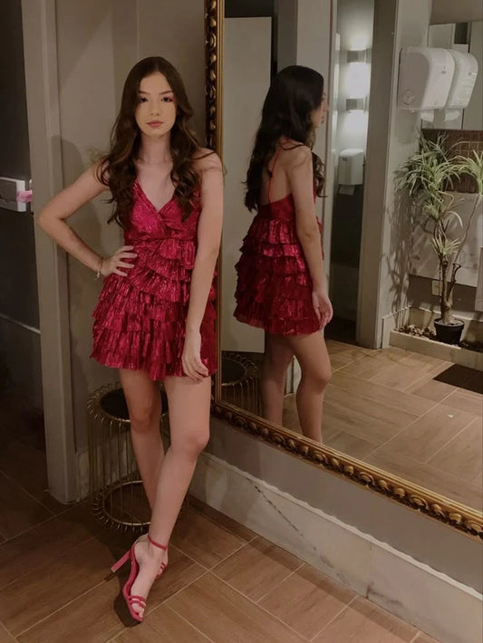 V Neck Red Pleated Homecoming Dress Mini Cocktail Dress  J11575