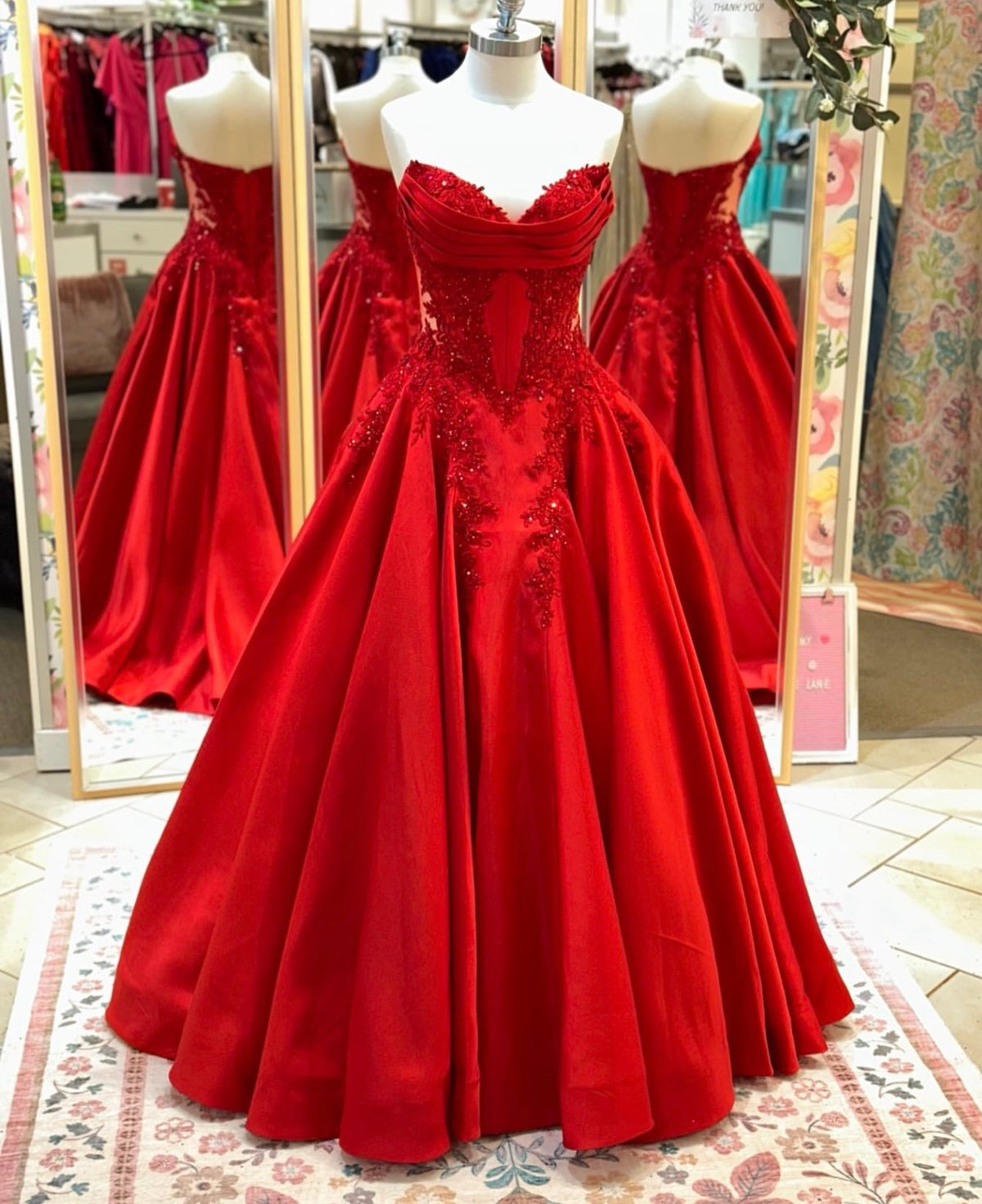 V Neck Red Satin Formal Prom Dress With Appliques J12132