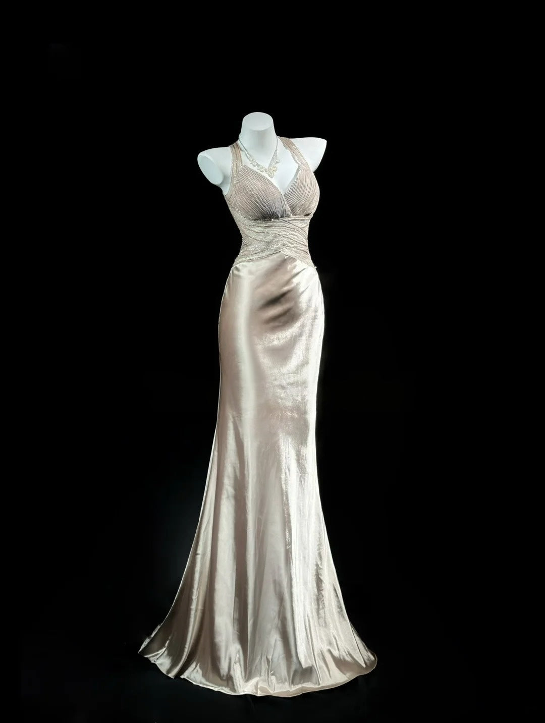 Trägerloses silbernes Vintage-Abendkleid, A-Linie, Geburtstagskleid J9370