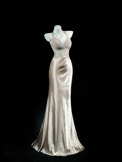 Trägerloses silbernes Vintage-Abendkleid, A-Linie, Geburtstagskleid J9370