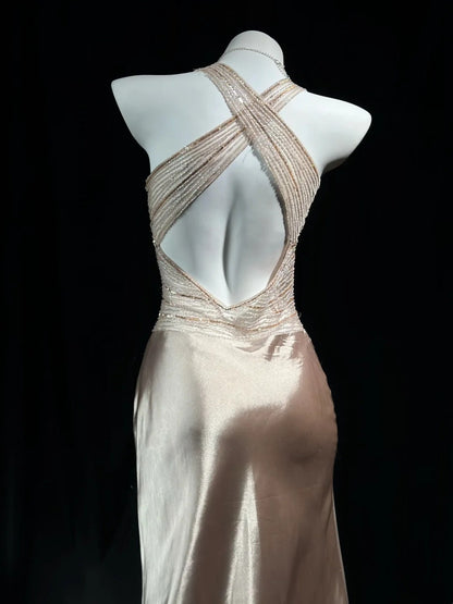 Trägerloses silbernes Vintage-Abendkleid, A-Linie, Geburtstagskleid J9370