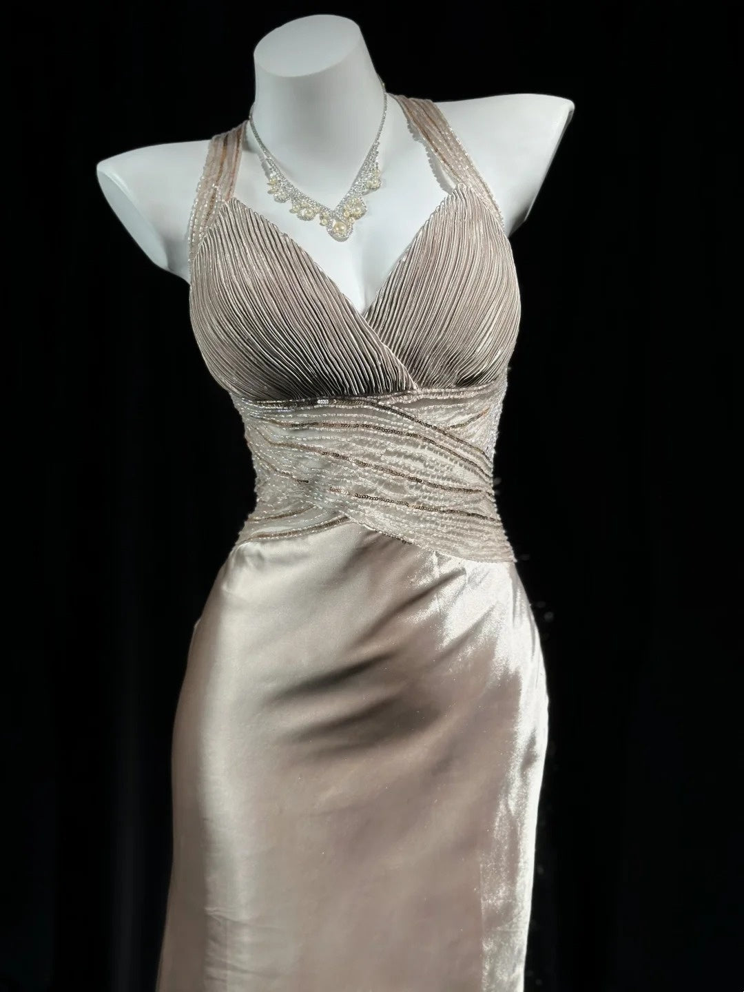 Trägerloses silbernes Vintage-Abendkleid, A-Linie, Geburtstagskleid J9370