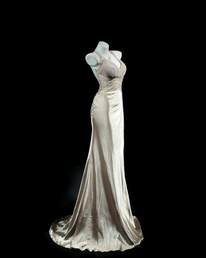 Trägerloses silbernes Vintage-Abendkleid, A-Linie, Geburtstagskleid J9370
