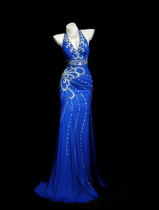 V Neck Royal Blue Mermaid Prom Dress Beaded Retro Evening Gown  J10577