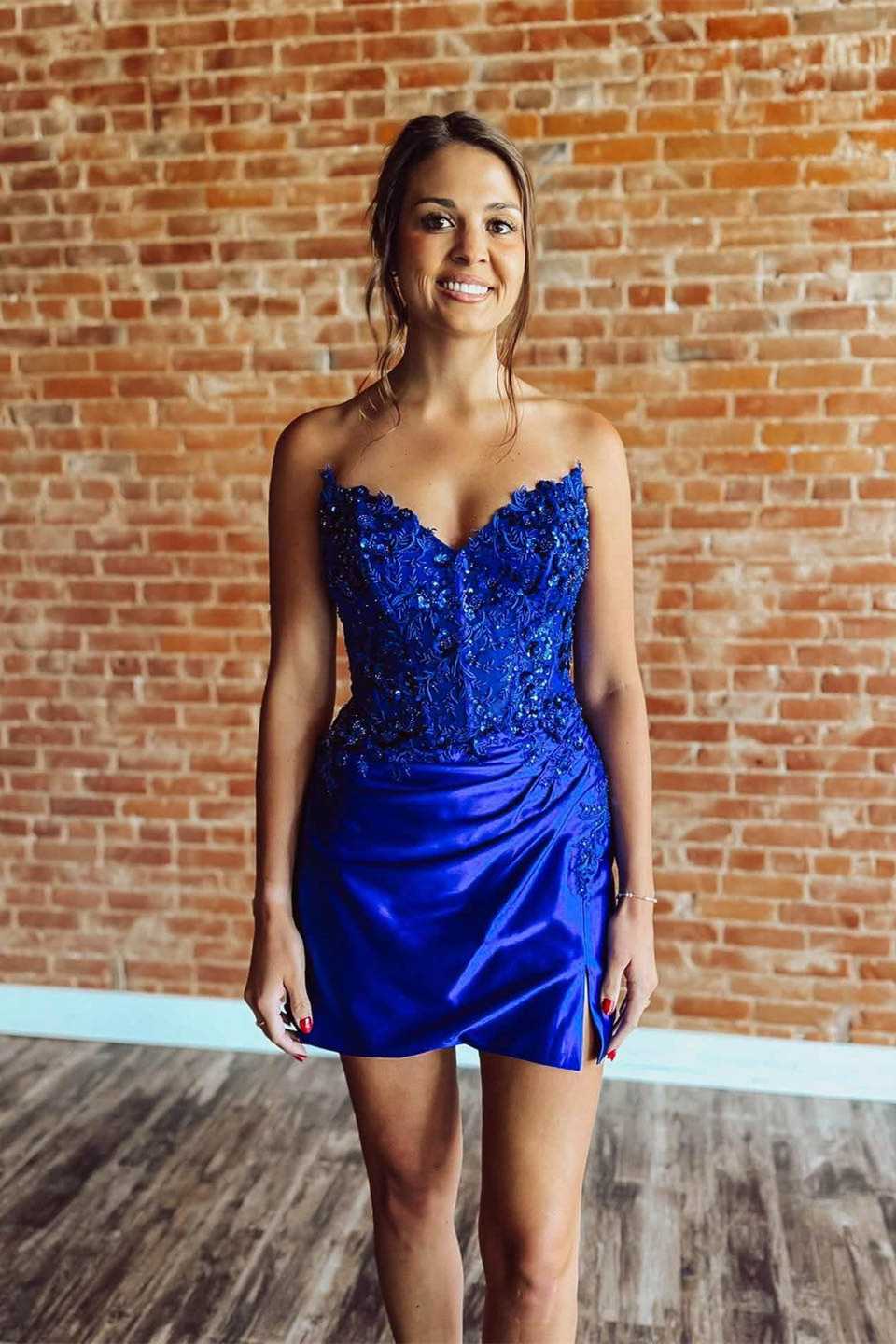 V Neck Royal Blue Satin Homecoming Dress Appliques J11226